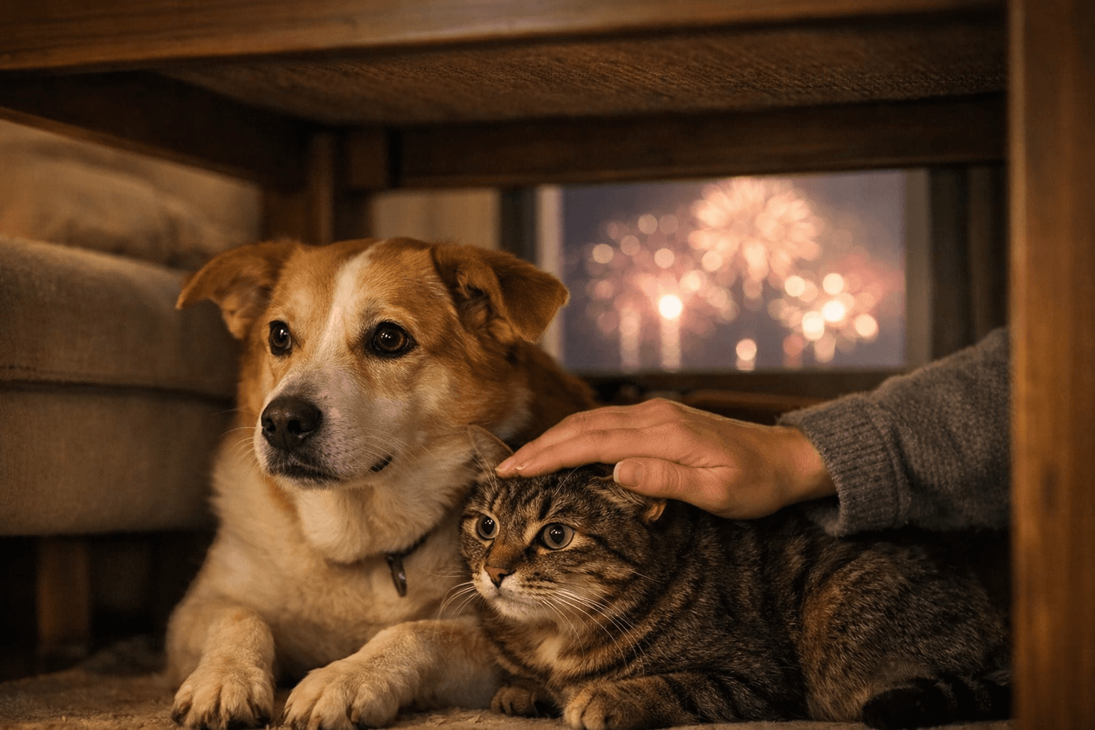 A dog and cat sit together under furniture, comforted by a hand, with fireworks outside.