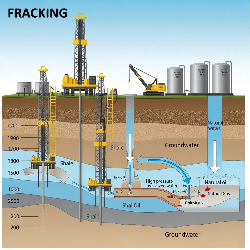 Diagram illustrating the fracking process with drilling rigs, underground layers, and groundwater.